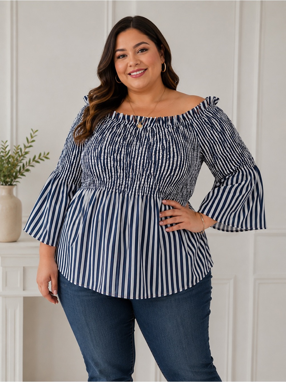 Speed Limited MPH XXXL Off Shoulder Striped Smocked Blouse Bell Sleeve Top